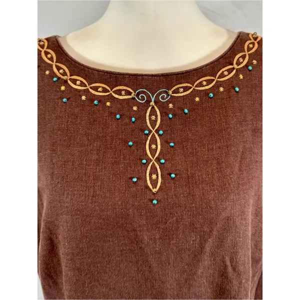 Vintage Sag Harbor chocolate brown stitched and turquoise beaded dress size 14 - Image 2