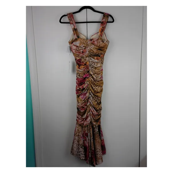 Siena Womens Khaki Multi Leopard Floral Ruched Bodycon Midi Dress Size 4 NWT‎ - Image 2