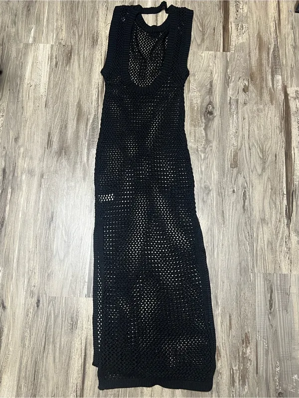 HYFVE Black Open Knit Crochet Open Back Maxi Dress Swim Coverup Size L - Image 5