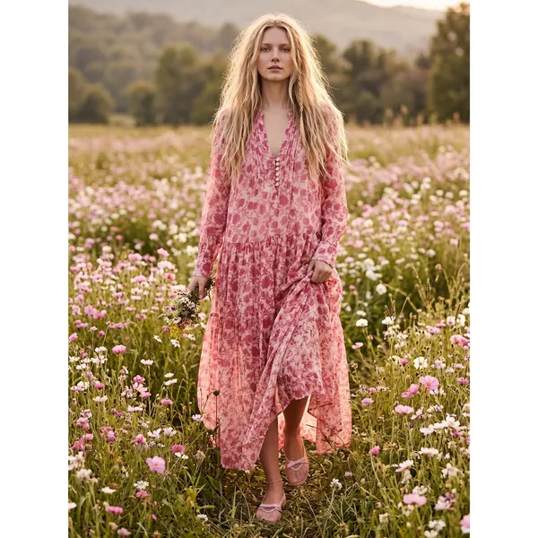Free People Dainty Ethereal See It Through Maxi Dress Pink Rose Floral Medium - Image 2