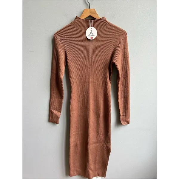 Anrabess NWT Ribbed Mock Neck Bodycon Midi Dress in Brown Size Small - Image 6