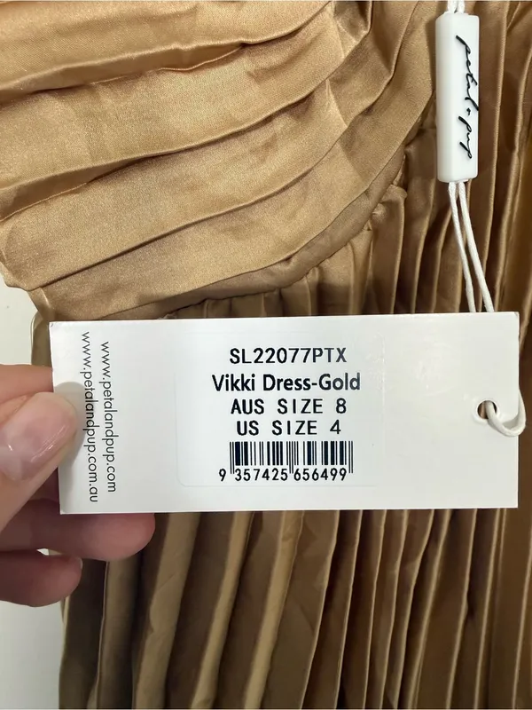 NWT Petal and Pup Vikki Dress Gold Pleated Satin Midi Formal Size 4 - Image 10