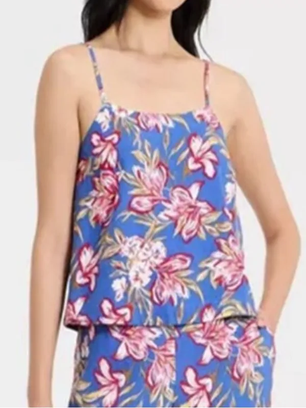 A New Day XS Blue Tropical Floral Coquette Linen-Blend Strappy Cropped Tank Cami - Image 11