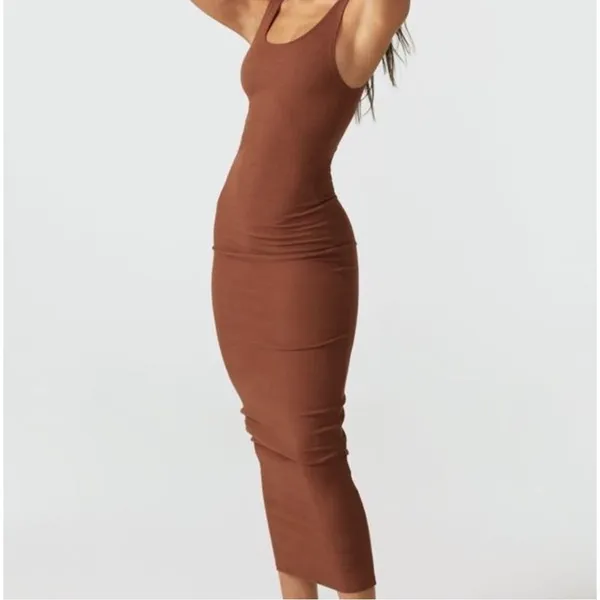 Joah‎ Brown Bodycon Flexrib Dress Medium Large Brown Ribbed Maxi Minimalist Chic - Image 9