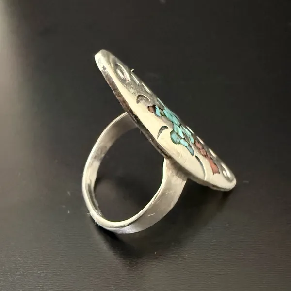 Vintage Sterling Silver Native American Turquoise Coral Chips Peyote Bird Ring 7 - Image 3