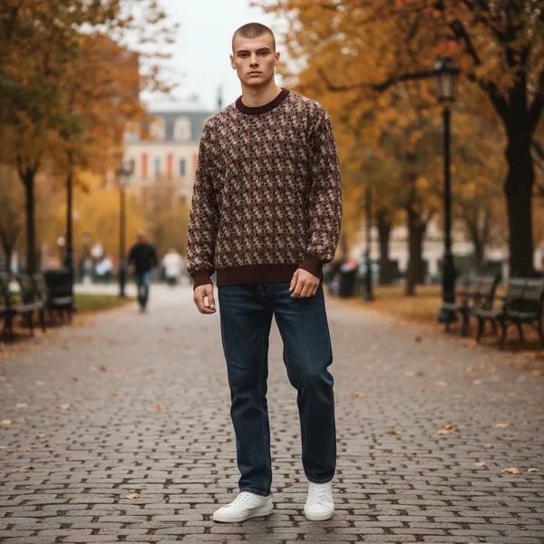 Norm Thompson Mens Geometric Knit Crewneck Sweater Brown Tan Burgundy XL 6244 - Image 10