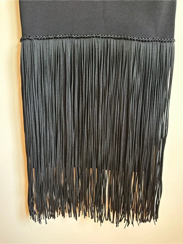 French Connection Fringe Short Sleeve V Neck Dress Black Womens 2 Stretch - Image 5