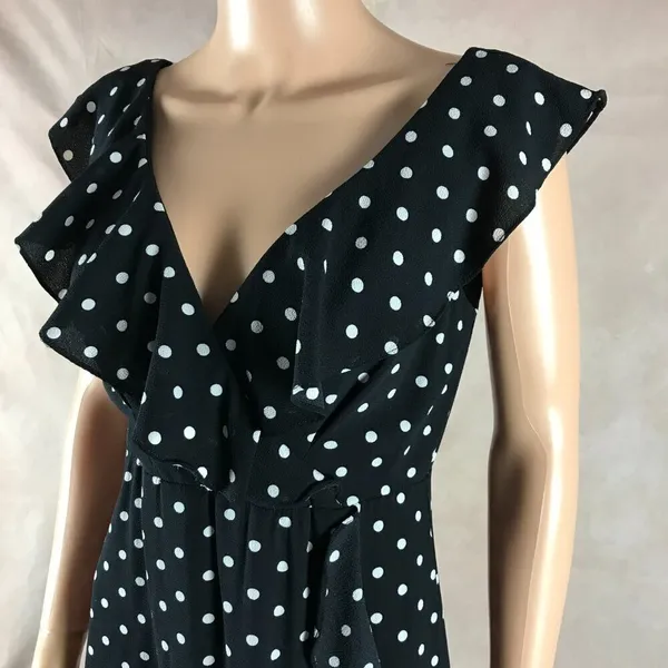 SANGRIA Black/White Ruffled Polka Dot Midi Dress Size 2 - Image 3