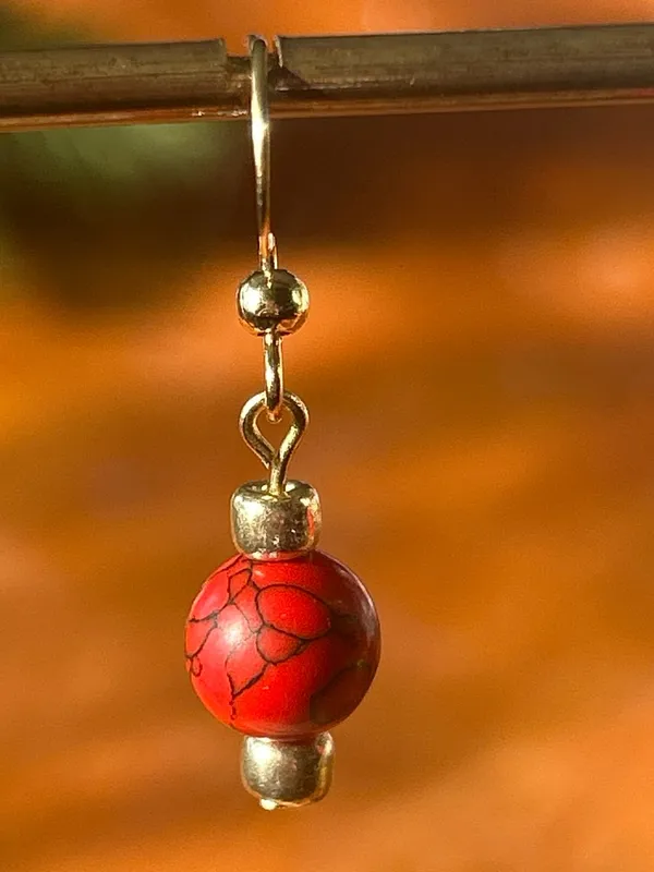 Handmade Gold-Tone Red Bead Dangle Earrings - Image 3