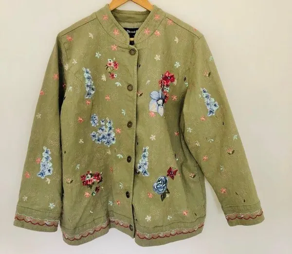 Denim & Co Vintage Floral Olive Jacket Button Up Flowers Butterflies Green Pockets - Image 3