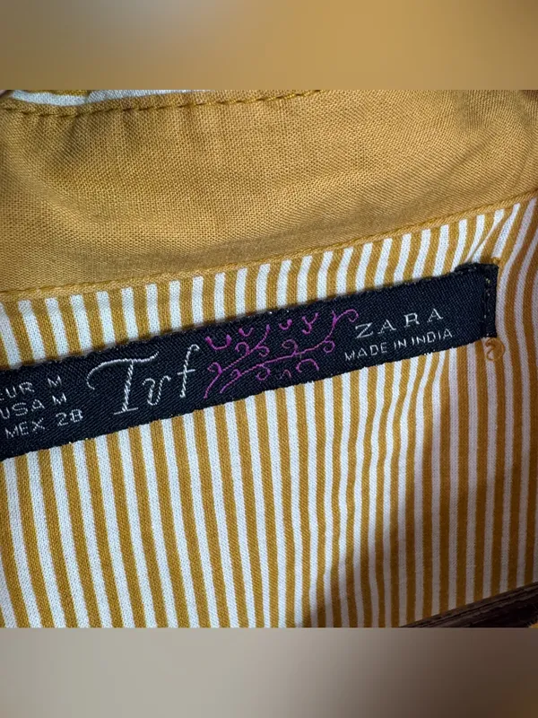 Zara TRF Striped Elbow Patch Western Style Button Up Shirt Yellow Medium - Image 8