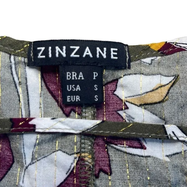 Zinzane Small Green Purple Floral Silver Metallic Stripe V Neck Crop‎ Top Blouse - Image 5