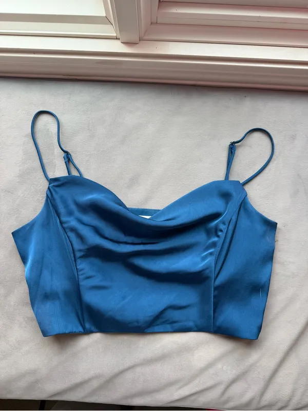 American Eagle Satin Cowl Neck Crop Top - Blue - Image 2