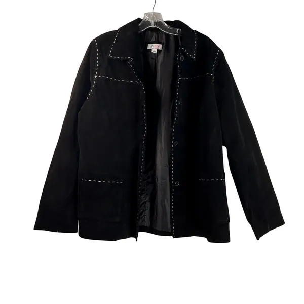 Denim & Co Black Suede Leather Whipstitch Button Front Jacket Coat Large L - Image 4