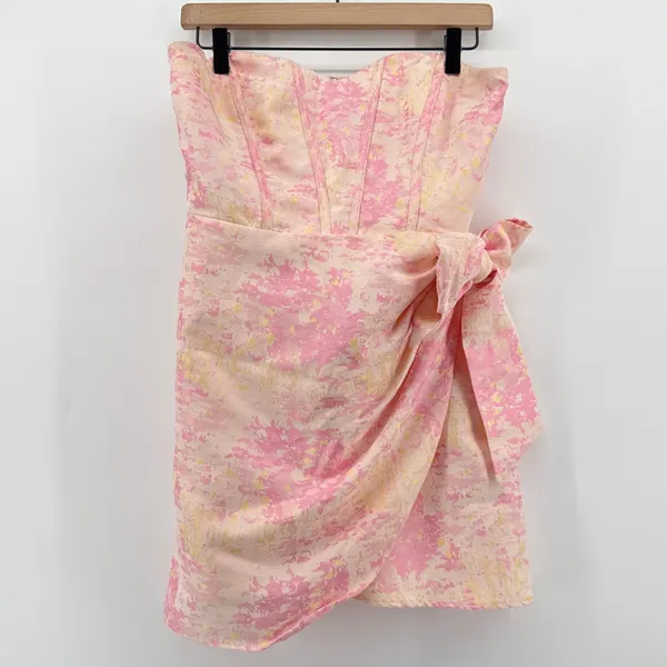 Storia Pink Gold Brocade Strapless Mini Dress Lace Up Back Bow HD2060 Large‎ - Image 4
