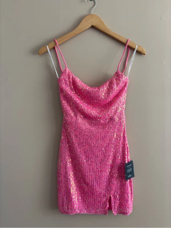 Lulus Bold Aesthetic Hot Pink Sequin Lace-Up Bodycon Mini Dress Size XS Mobwife - Image 4