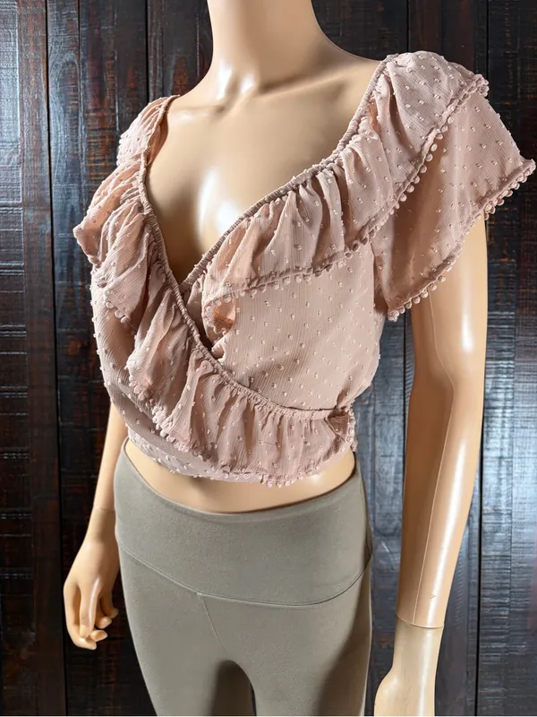 TOBI Swiss Dot Blush Pink Ruffle Wrap Top - Crop Top XL - Image 2
