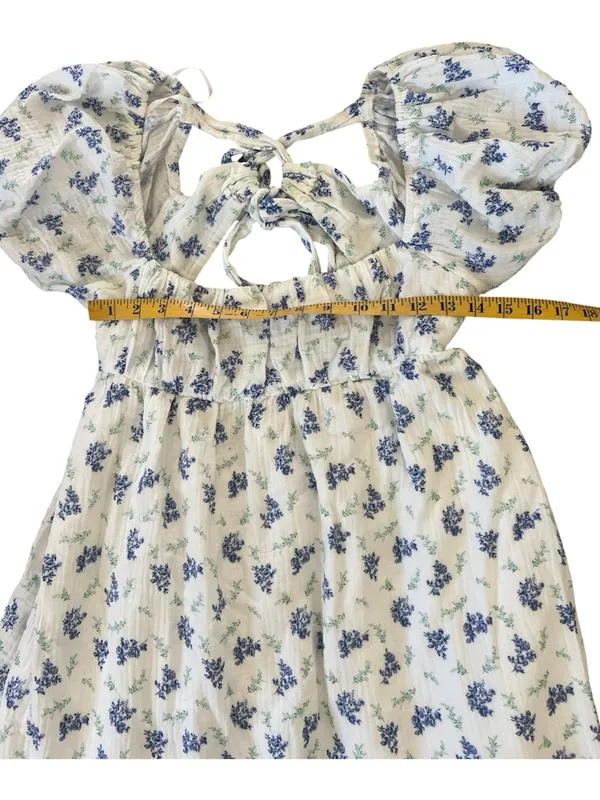Princess Polly Blue Floral Puff Sleeve Mini Dress Cotton White Tie Back US 8 - Image 10
