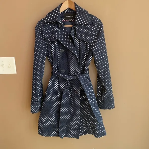 London‎ Fog Belted Trench Coat in Navy Polka Dot Size XS - Image 3