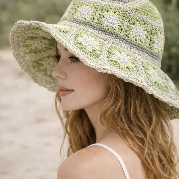 Steve Madden Crochet Granny Square Sun Hat Green Floral Boho Bucket Summer Hat - Image 3