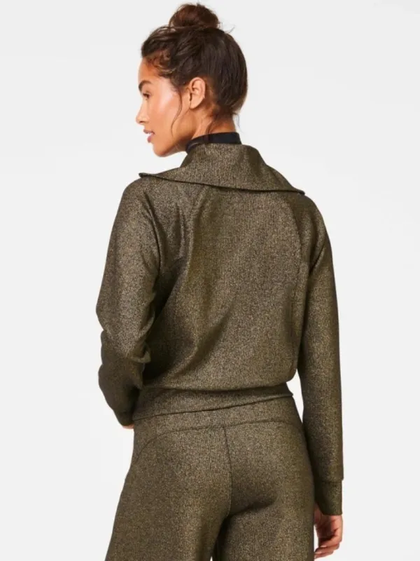 Spanx AirEssentials Half Zip Shimmer Very Black Gold Shine Knit V-Neck Sweater S - Image 2