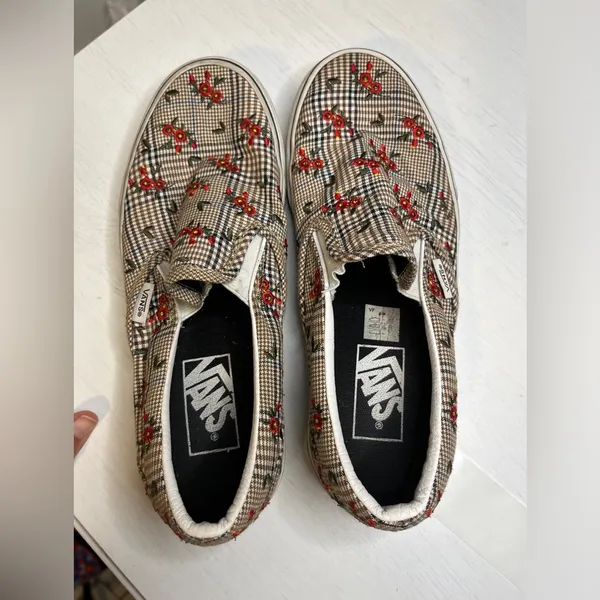 Vans Glen Plaid Slip On Sneakers Embroidered Flowers Sz 7 Skate Boho Floral - Image 6