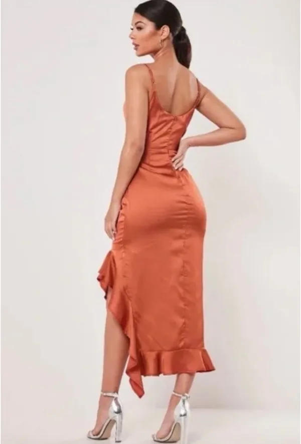 Missguided Satin Ruffle Burnt Orange Dress - Image 2