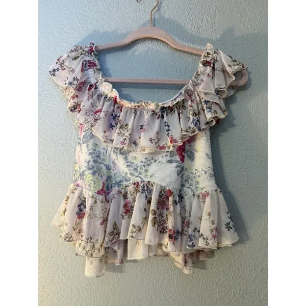 Anthropologie floral off-the-shoulder ruffled mesh top in ivory. - Image 6