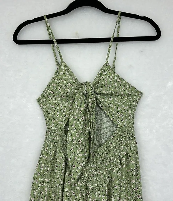 Herperus Tie Front Floral Maxi Dress Sz M Spaghettis Straps Green - Image 3