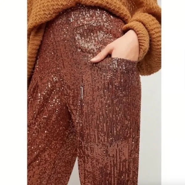 Free People Morelia Bronze Sequin Jogger Pants Sz M Shiny Sparkly Party Festival - Image 4
