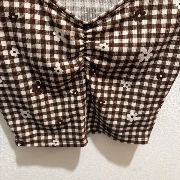 Gingham Print Crop Top Brown White‎ Checkered Cutesy Cottagecore Daisy Size XS - Image 4