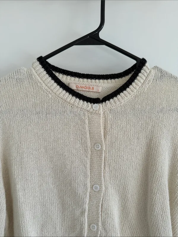 Olivaceous Cream Cropped Button-Front Cardigan with Black Trim - Image 3