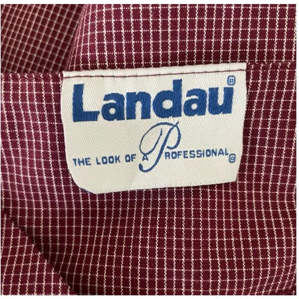 Landau Womens Scrub Top M Burgundy Check V-Neck 2 Pocket Medical Uniform Nurse‎ - Image 2