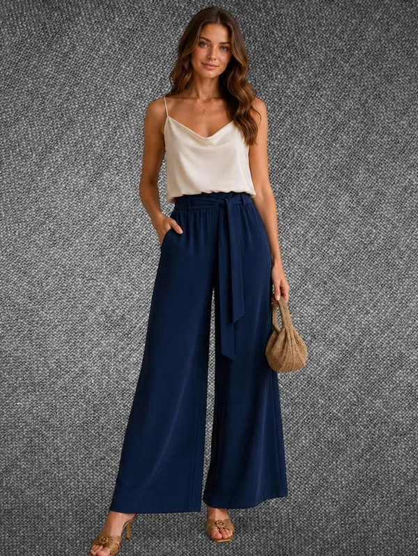 Papaya Navy Blue High Waist Wide Leg Tie Waist Pants - Image 2