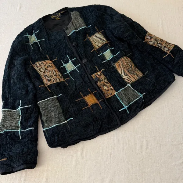 Alex Kin Vintage Patchwork‎ Animal Print Jacket Black Missy Large Art to Wear - Image 2