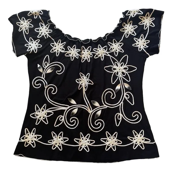 Vintage‎ 80s Style Black Silver Floral Soutache Embroidery Short Sleeve Blouse - Image 2