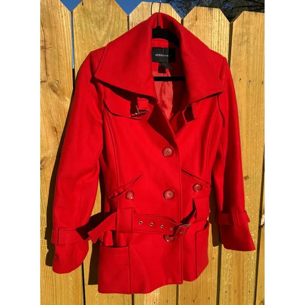 Red Wool Blend‎ Belted Peacoat Jacket with Wide Collar and Oversized Buttons S - Image 9