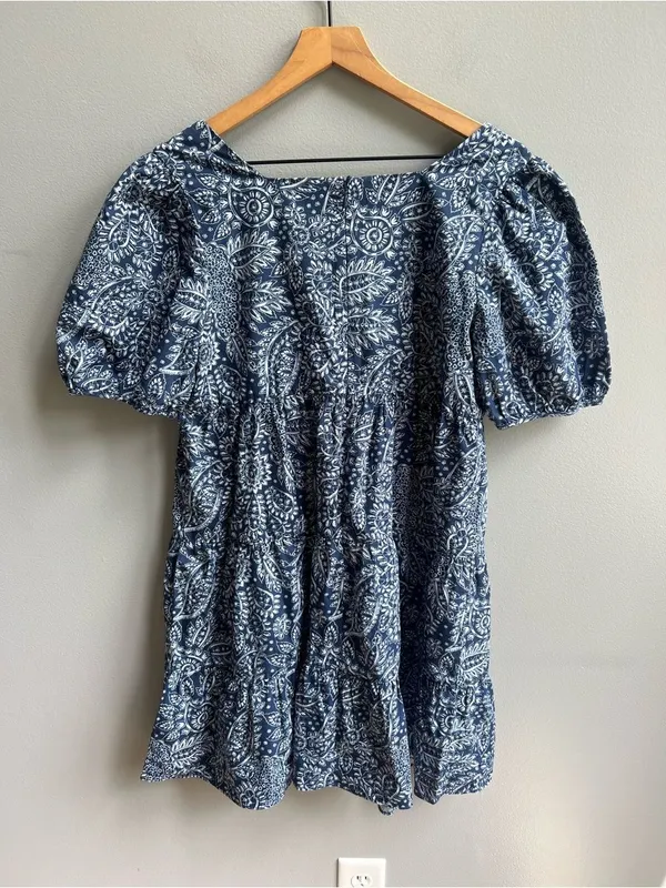 Madewell Poplin Puff-Sleeve Tiered Babydoll Dress in Paisley Garden Navy Size 10 - Image 8