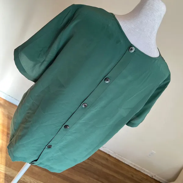 Madewell Silk Button-Back Tie-Front Top Forest Green G2064 Size L - Image 4