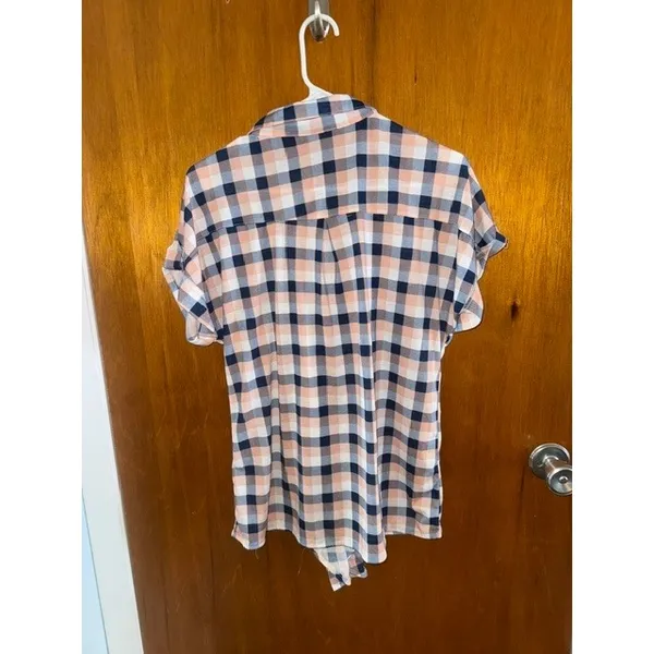 Love Potion Women Plaid Button Down Shirt Peach Navy Blue Short Sleeve SZ M (C) - Image 2