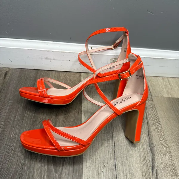 Rouge! Bright Orange Patent Strappy Ankle-Wrap Heels - Image 3