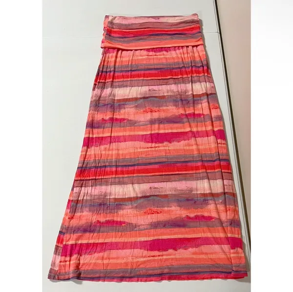 Pink Coral Orange Striped Y2K Fold Over Maxi Skirt Bottoms Size S 🍊✨ - Image 3