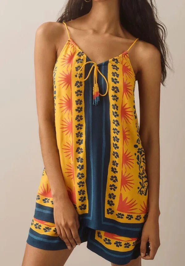 Farm Rio Sunshine Tie Neck Layered Romper, Size L - Image 4