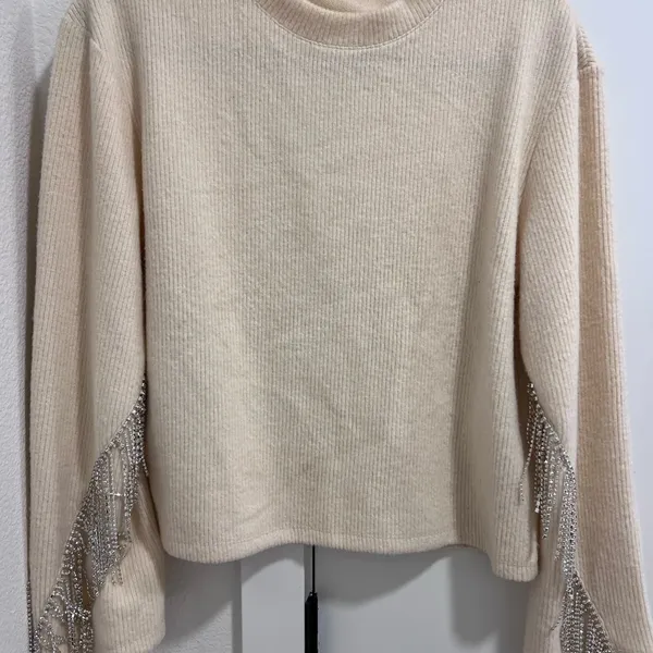 Zara Cream knitted sweater top with silver beading detail - Image 2