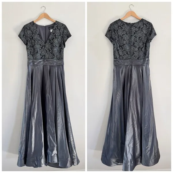La Femme 26447 Two Tone Satin A-Line V-Neck Gown Platinum Silver Gray - Image 4