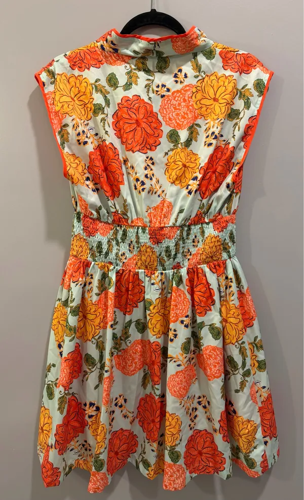 Umgee Floral V-Neck Zipper Detail Collared Dress Blue Orange Multi - Image 3