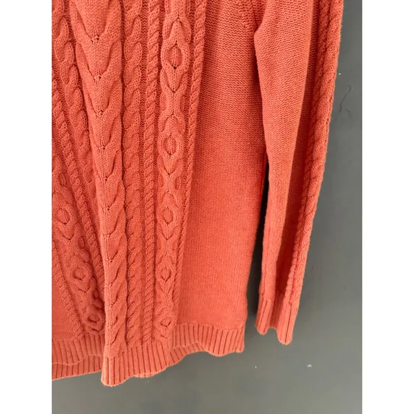 LL Bean Womens Medium Coral Orange Cable Knit 100% Cotton Sweater Fisherman - Image 4