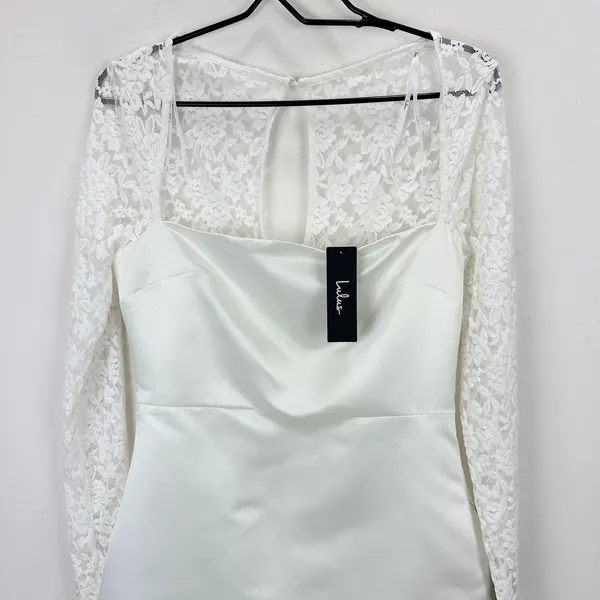 Lulus Prettiest Behavior White Satin Lace Long Sleeve Mini Dress Medium NWT - Image 6