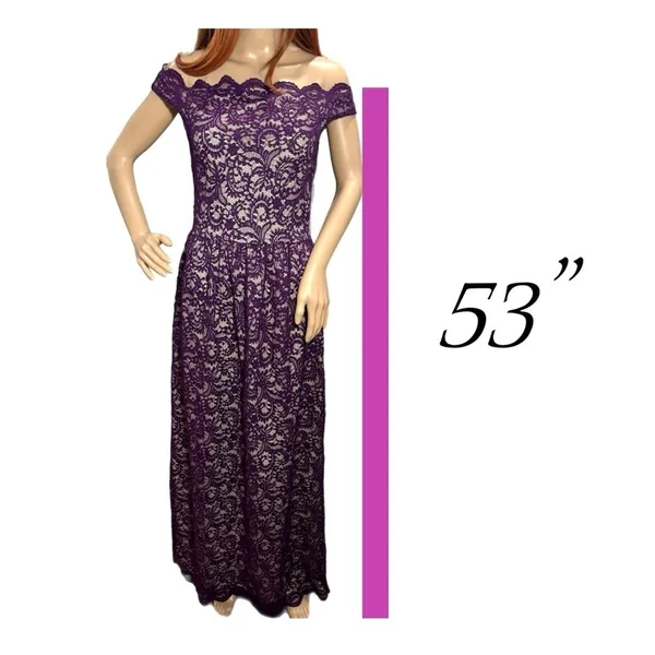 Yellow Star Womens Plum Lace Nude Maxi Off Shoulder Dress Size M USA MADE - Image 13