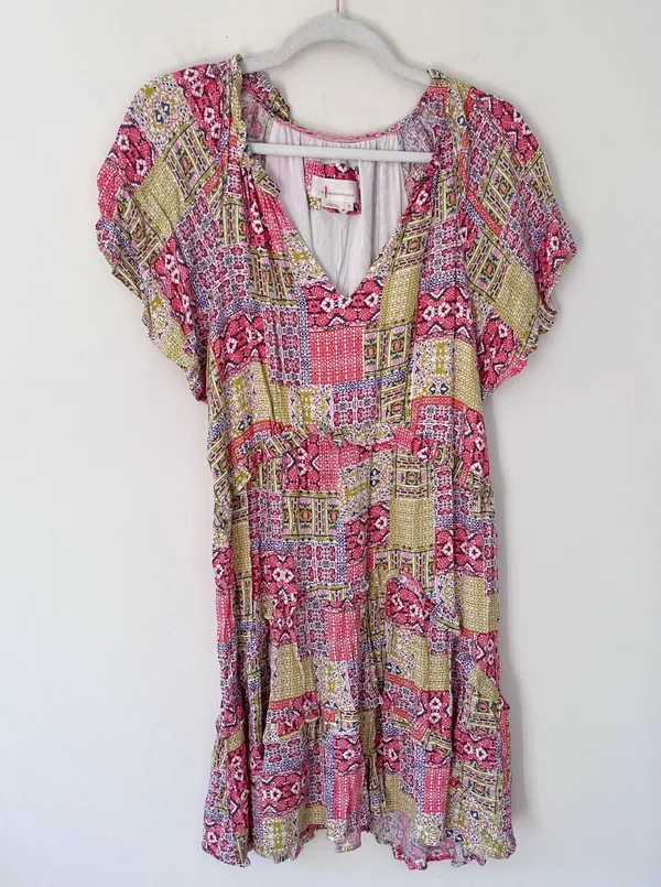 Anthropologie Robin Tiered Ruffle V-Neck Mini Dress Colorful Patchwork Print - Image 2